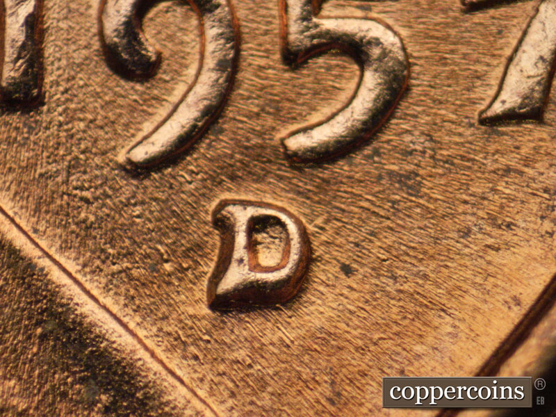 1957 Lincoln cent obverse, CopperCoins die 1957D•1MM•076.