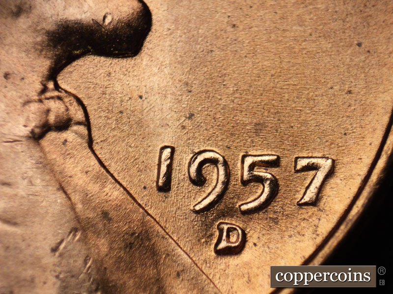 Die-stage B marker on 1957D•1MM•076 (1957 Repunched Mint Mark).