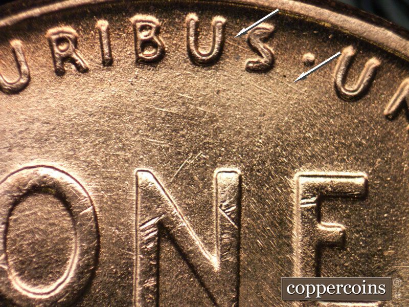 Die-stage B marker on 1957D•1MM•076 (1957 Repunched Mint Mark).
