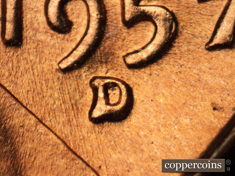 1957 Lincoln cent obverse, CopperCoins die 1957D•1MM•077.