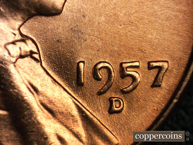 Die-stage B marker on 1957D•1MM•077 (1957 Repunched Mint Mark).