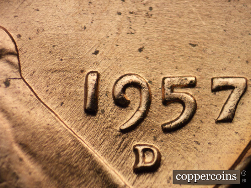 Die-stage B marker on 1957D•1MM•080 (1957 Repunched Mint Mark).