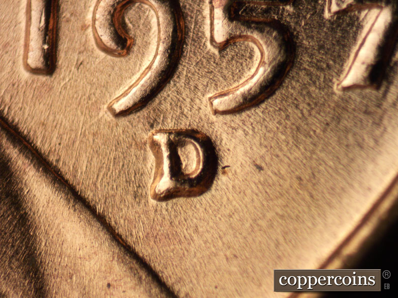 1957 Lincoln cent obverse, CopperCoins die 1957D•1MM•082.