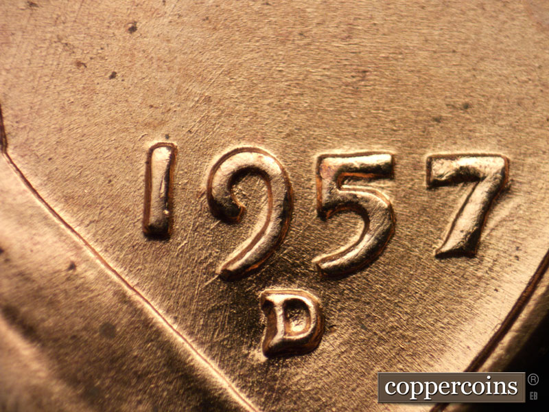 Die-stage B marker on 1957D•1MM•082 (1957 Repunched Mint Mark).