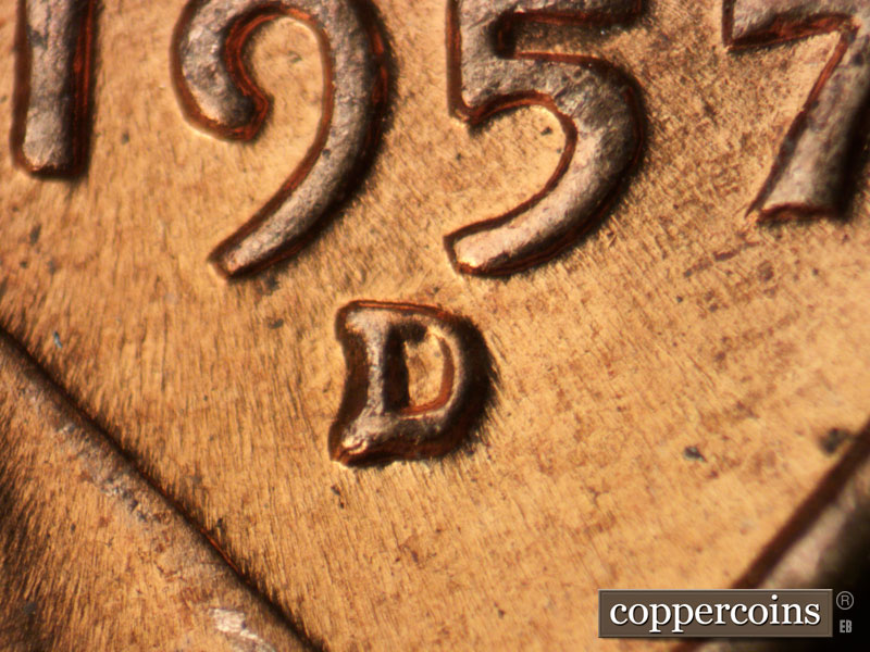1957 Lincoln cent obverse, CopperCoins die 1957D•1MM•083.