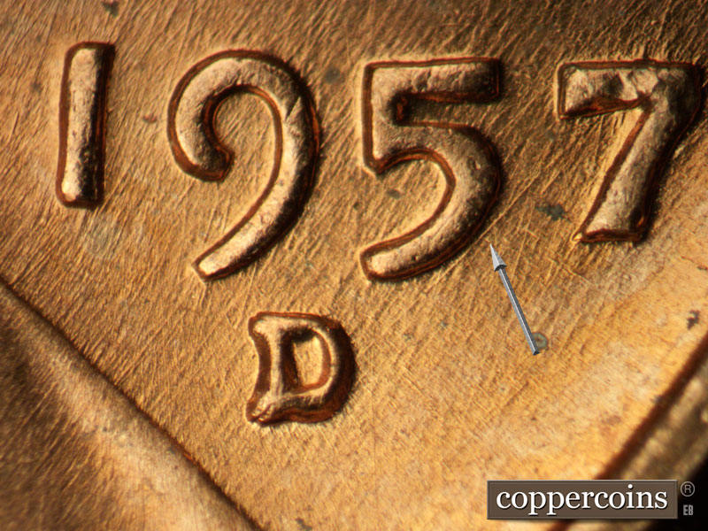 1957 Lincoln cent obverse, CopperCoins die 1957D•1MM•086.