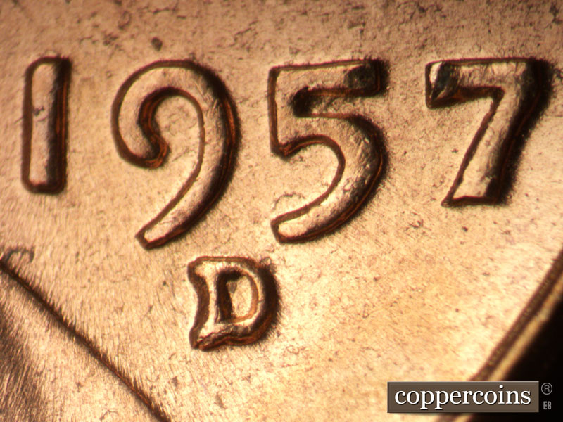 Die-stage A marker on 1957D•1MM•087 (1957 Repunched Mint Mark).