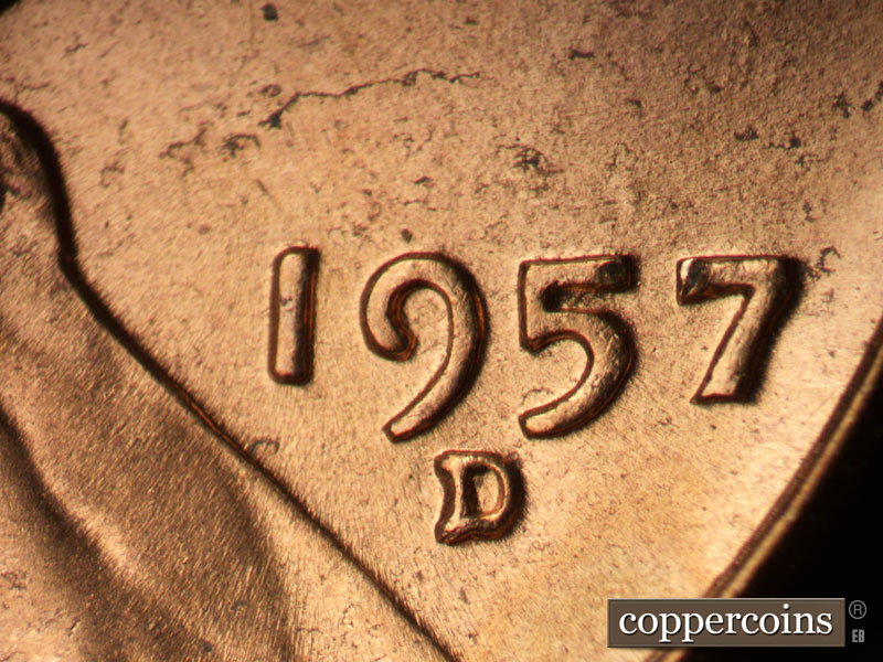 Die-stage A marker on 1957D•1MM•087 (1957 Repunched Mint Mark).