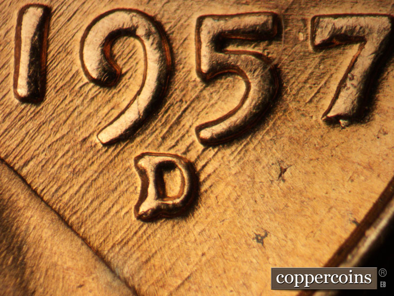 1957 Lincoln cent obverse, CopperCoins die 1957D•1MM•087.