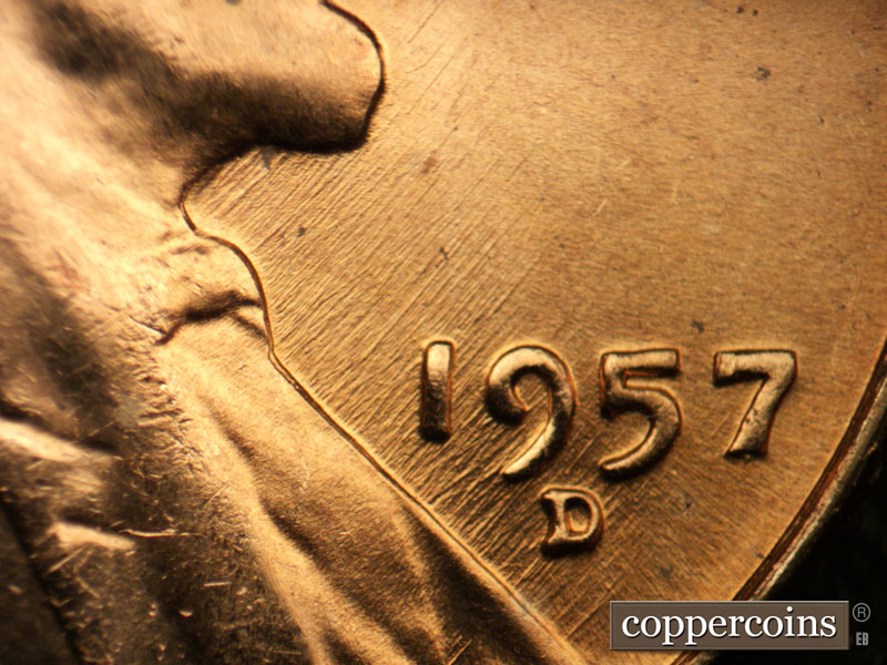Die-stage B marker on 1957D•1MM•087 (1957 Repunched Mint Mark).