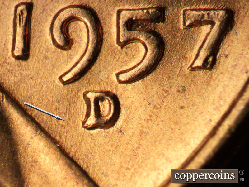 1957 Lincoln cent obverse, CopperCoins die 1957D•1MM•088.