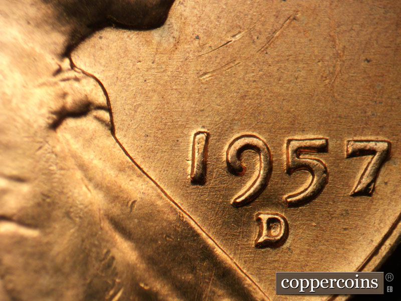 Die-stage B marker on 1957D•1MM•088 (1957 Repunched Mint Mark).