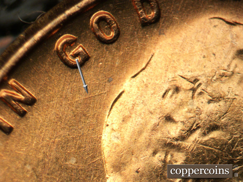 Die-stage B marker on 1957D•1MM•088 (1957 Repunched Mint Mark).