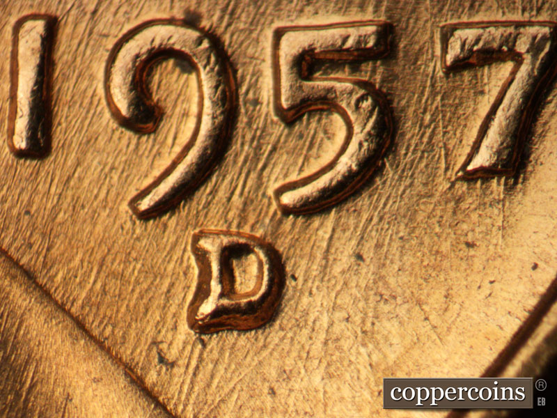 1957 Lincoln cent obverse, CopperCoins die 1957D•1MM•089.