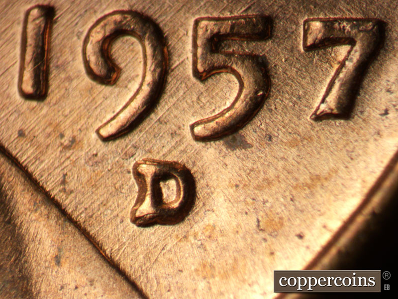 1957 Lincoln cent obverse, CopperCoins die 1957D•1MM•092.