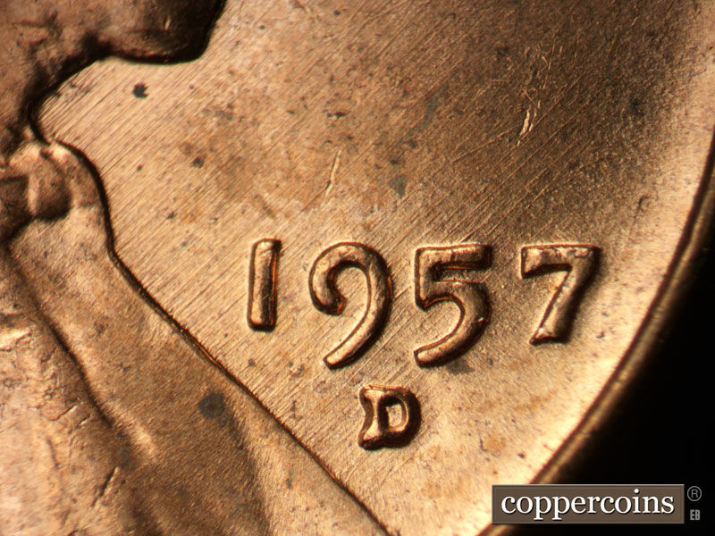 Die-stage B marker on 1957D•1MM•092 (1957 Repunched Mint Mark).