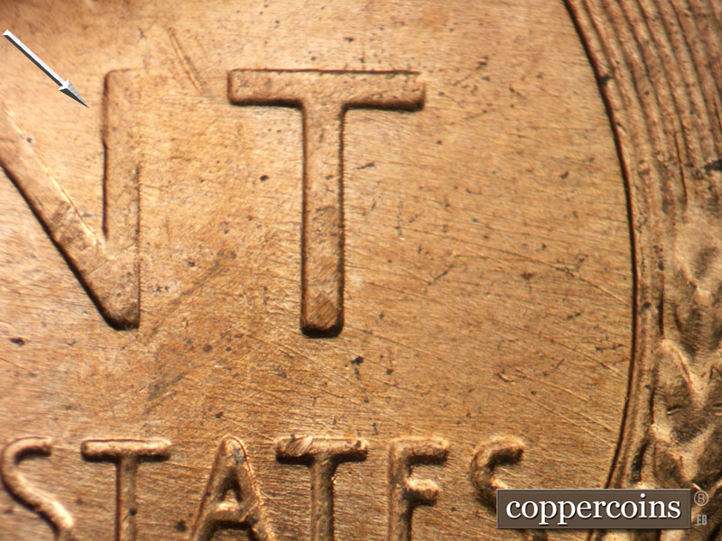 Die-stage B marker on 1957D•1MM•092 (1957 Repunched Mint Mark).