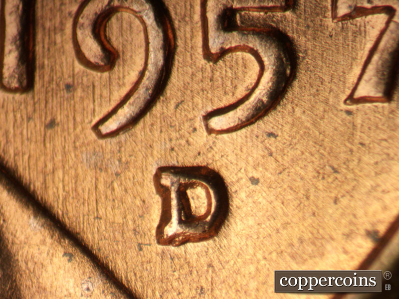 1957 Lincoln cent obverse, CopperCoins die 1957D•1MM•093 — Closeup of repunched mint mark.