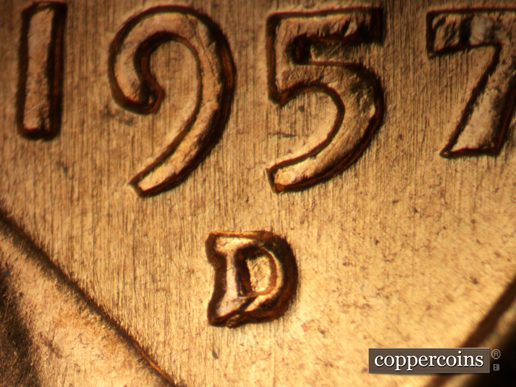 Die-stage A marker on 1957D•1MM•093 showing Closeup or repunched mint mark.