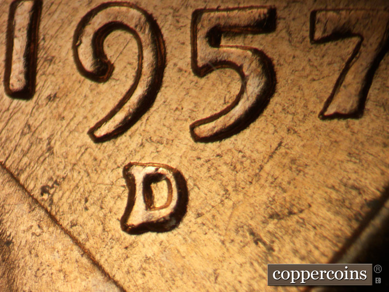 1957 Lincoln cent obverse, CopperCoins die 1957D•1MM•094.