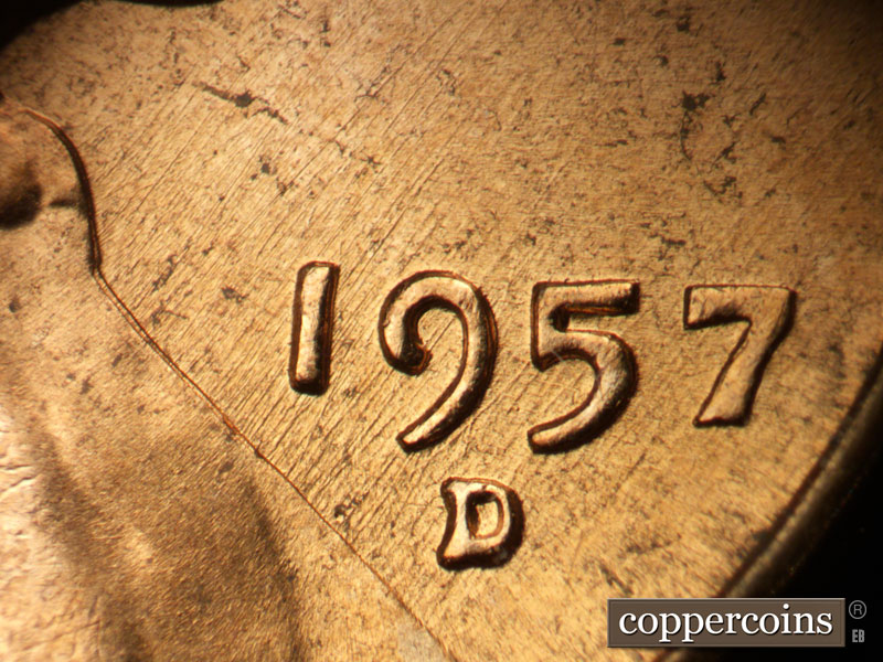 Die-stage B marker on 1957D•1MM•094 (1957 Repunched Mint Mark).