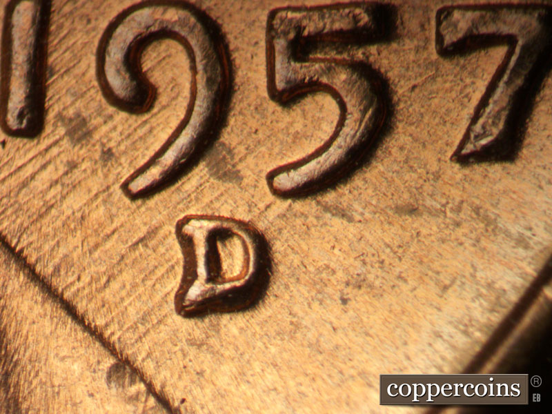 1957 Lincoln cent obverse, CopperCoins die 1957D•1MM•096.