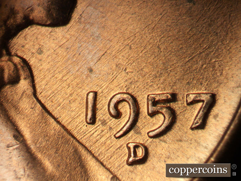 Die-stage B marker on 1957D•1MM•096 (1957 Repunched Mint Mark).