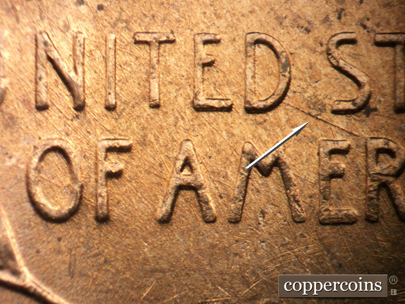 Die-stage B marker on 1957D•1MM•096 (1957 Repunched Mint Mark).