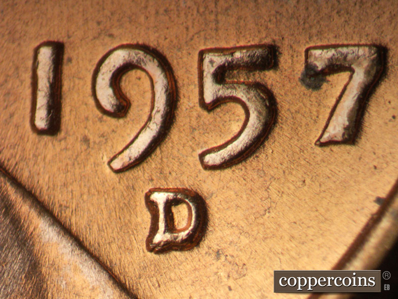 1957 Lincoln cent obverse, CopperCoins die 1957D•1MM•097.