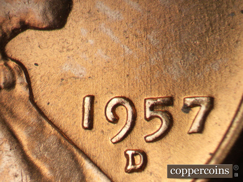 Die-stage B marker on 1957D•1MM•097 (1957 Repunched Mint Mark).