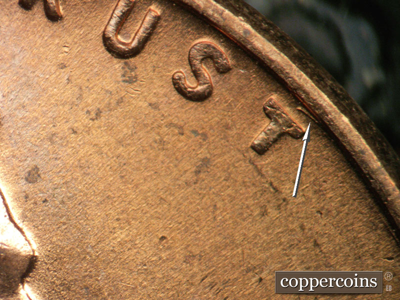 Die-stage B marker on 1957D•1MM•097 (1957 Repunched Mint Mark).