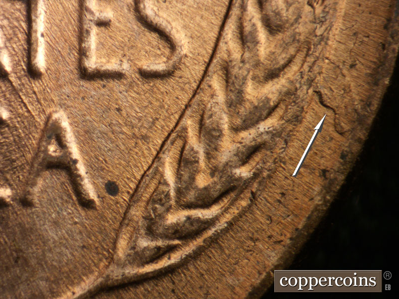 Die-stage B marker on 1957D•1MM•097 (1957 Repunched Mint Mark).