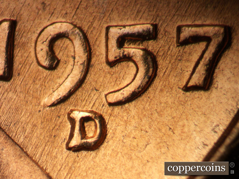 1957 Lincoln cent obverse, CopperCoins die 1957D•1MM•098.