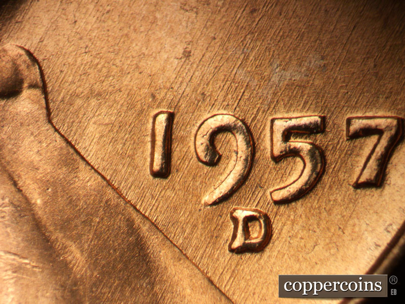 Die-stage B marker on 1957D•1MM•098 (1957 Repunched Mint Mark).