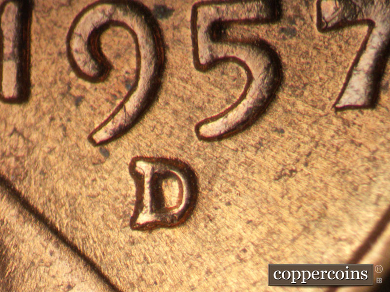 1957 Lincoln cent obverse, CopperCoins die 1957D•1MM•099.