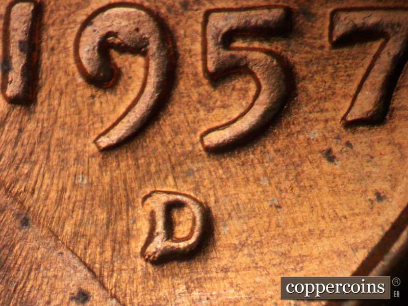 Die-stage C marker on 1957D•1MM•100 (1957 Repunched Mint Mark).