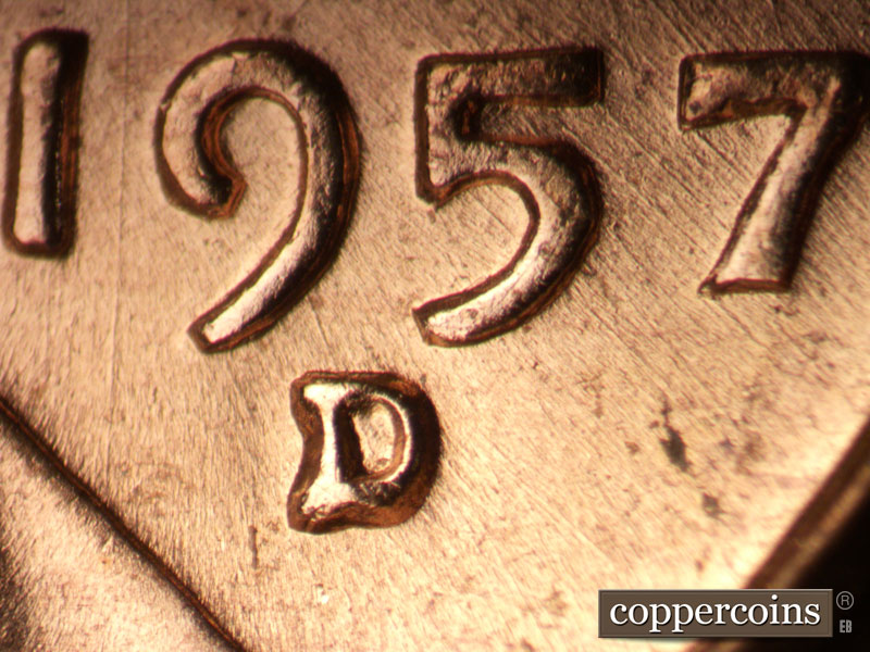 Die-stage A marker on 1957D•1MM•101 (1957 Repunched Mint Mark).