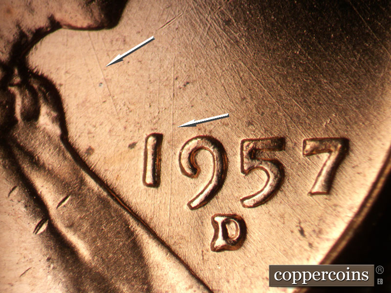 Die-stage A marker on 1957D•1MM•101 (1957 Repunched Mint Mark).