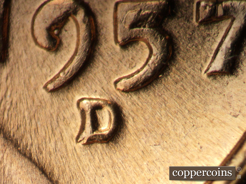 Die-stage C marker on 1957D•1MM•102 (1957 Repunched Mint Mark).