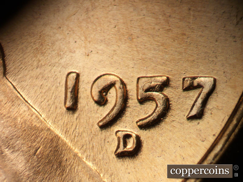 Die-stage C marker on 1957D•1MM•102 (1957 Repunched Mint Mark).