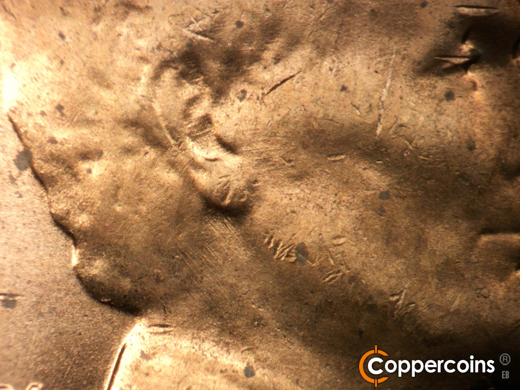 Die-stage B marker on 1957D•1MM•104 showing Die scratches in ear.
