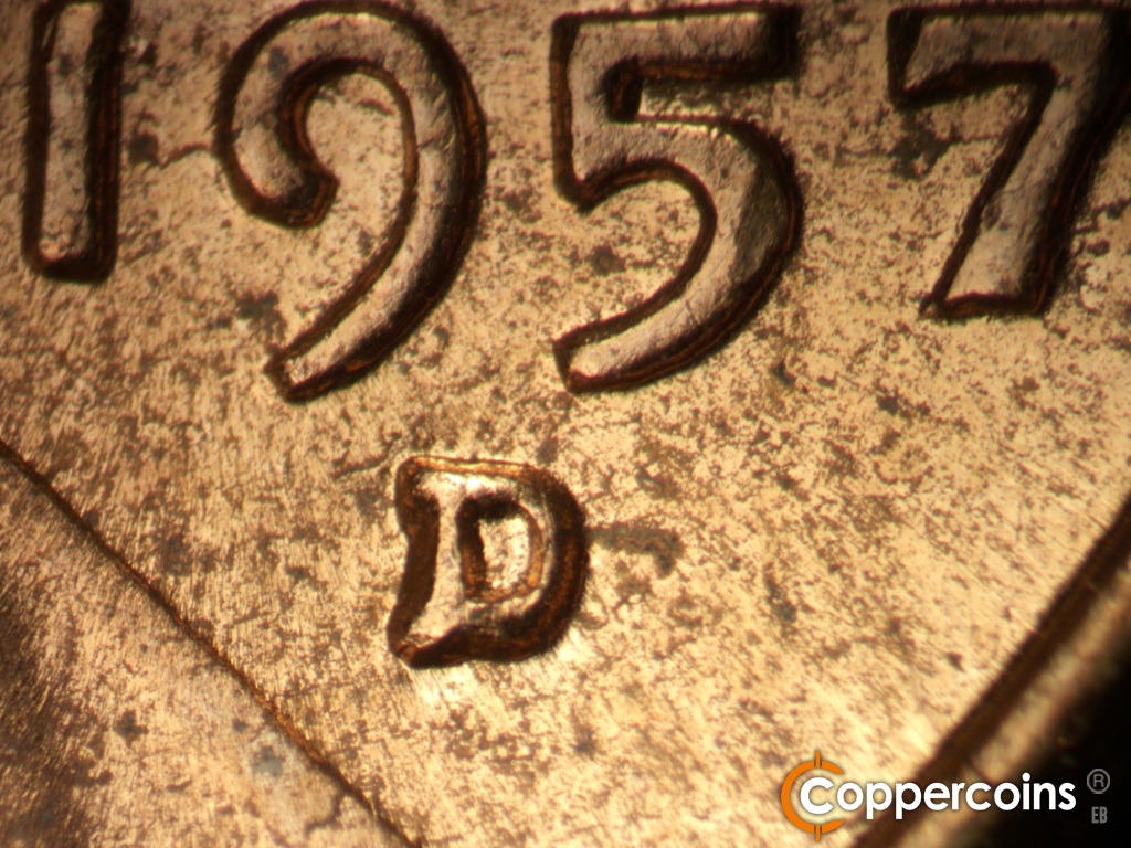 Die-stage B marker on 1957D•1MM•105 showing Closeup of repunched mint mark.