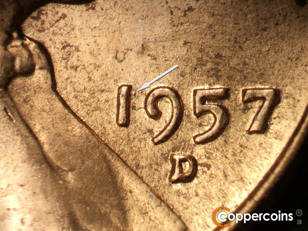Die-stage B marker on 1957D•1MM•105 showing Die dot near top of 1 in date.