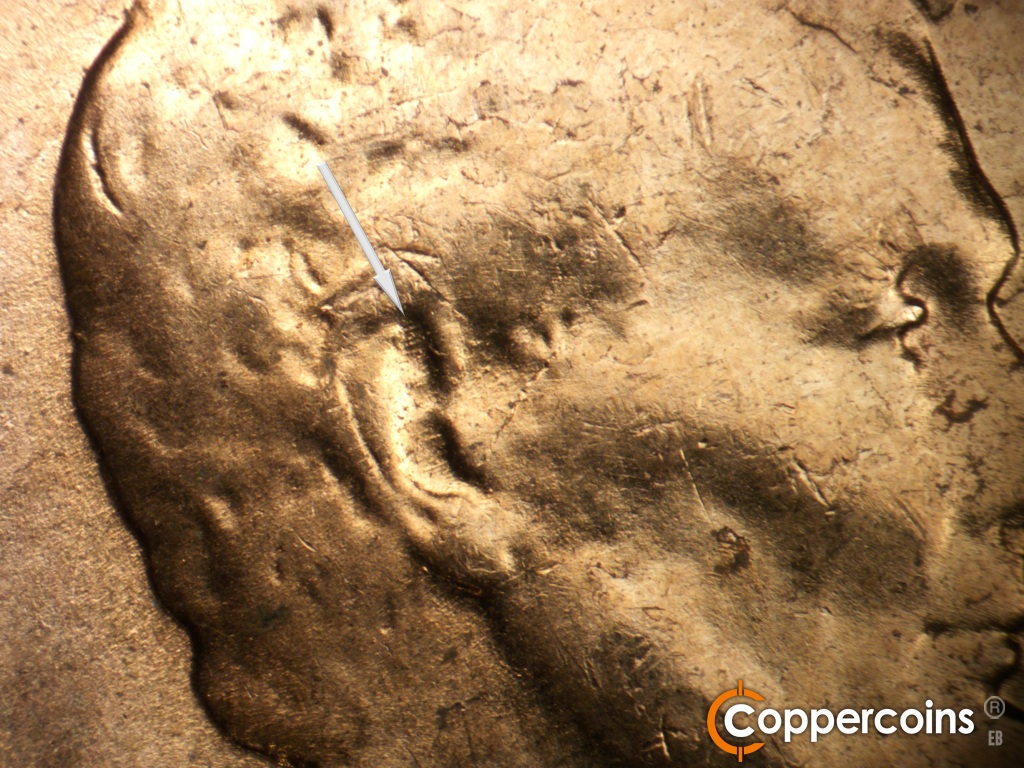 Die-stage B marker on 1957D•1MM•105 showing Light ENE die scratches in ear.