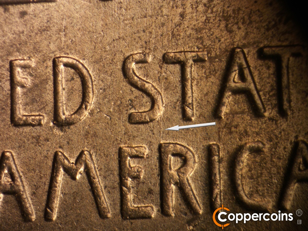 Die-stage B marker on 1957D•1MM•105 showing N/S die scratch connects first S in STATES to R in AMERICA.
