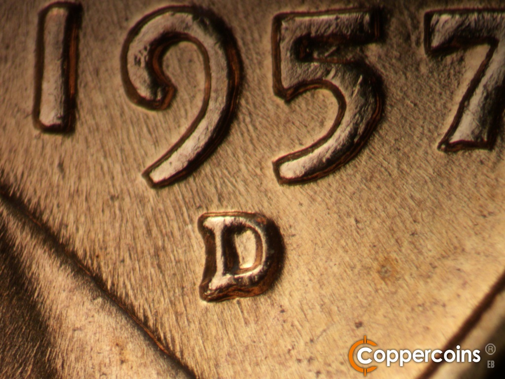 Die-stage B marker on 1957D•1MM•107 showing Closeup of repunched mint mark.