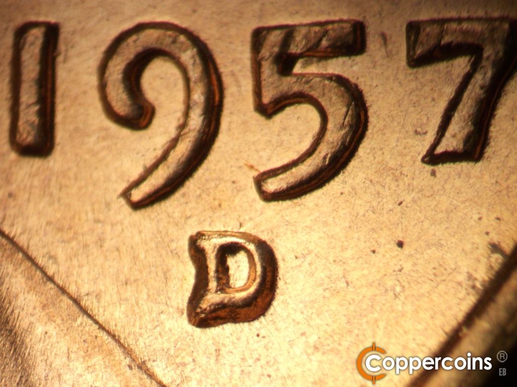Die-stage B marker on 1957D•1MM•109 showing Closeup of repunched mint mark.