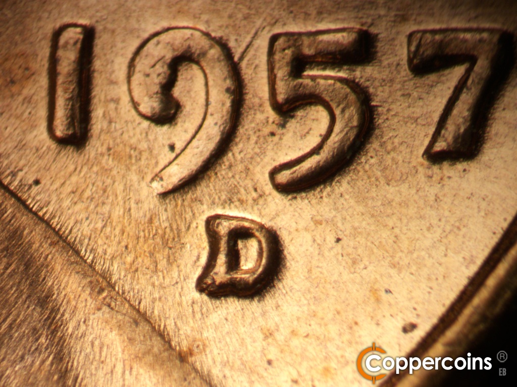 Die-stage C marker on 1957D•1MM•110 showing Closeup of repunced mint mark.