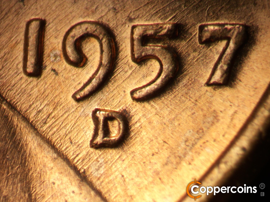 Die-stage B marker on 1957D•1MM•111 showing Closeup of repunched mint mark.