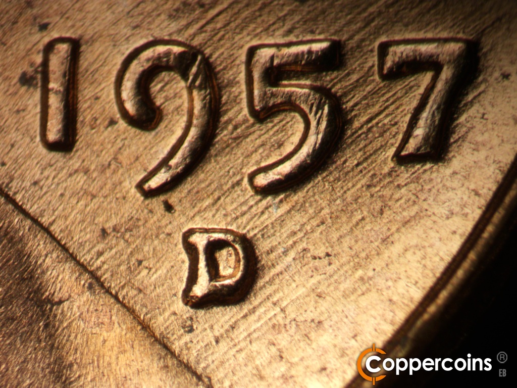 Die-stage B marker on 1957D•1MM•112 showing Closeup of repunched mint mark.